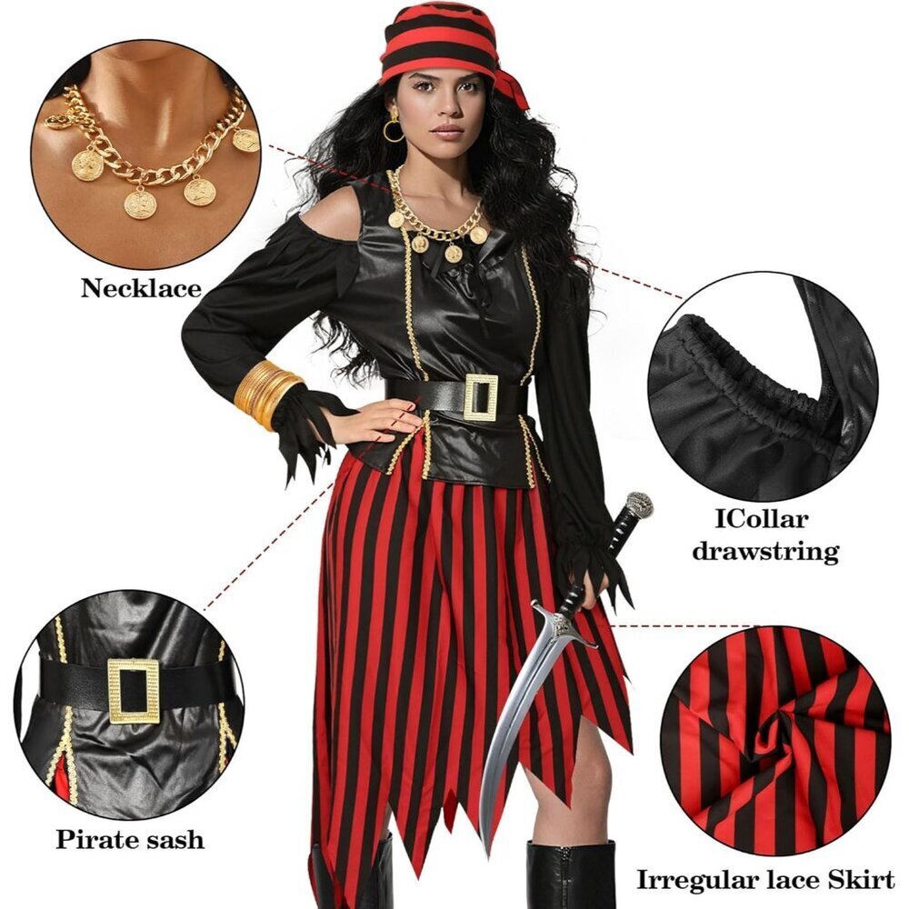Women Pirate Costume Set Renaissance Top Skirt Accessories for Halloween - Picture 3 of 6